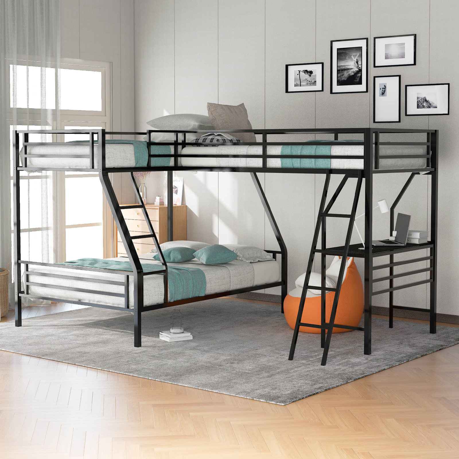 Multifunctional Triple Bunk Bed With Desk