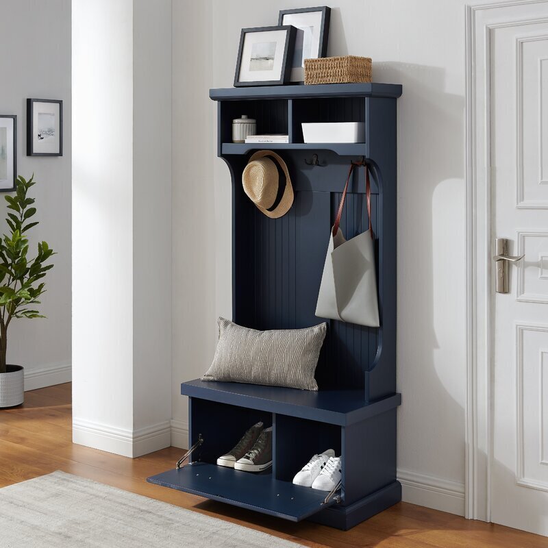Narrow hall tree coat rack with storage bench