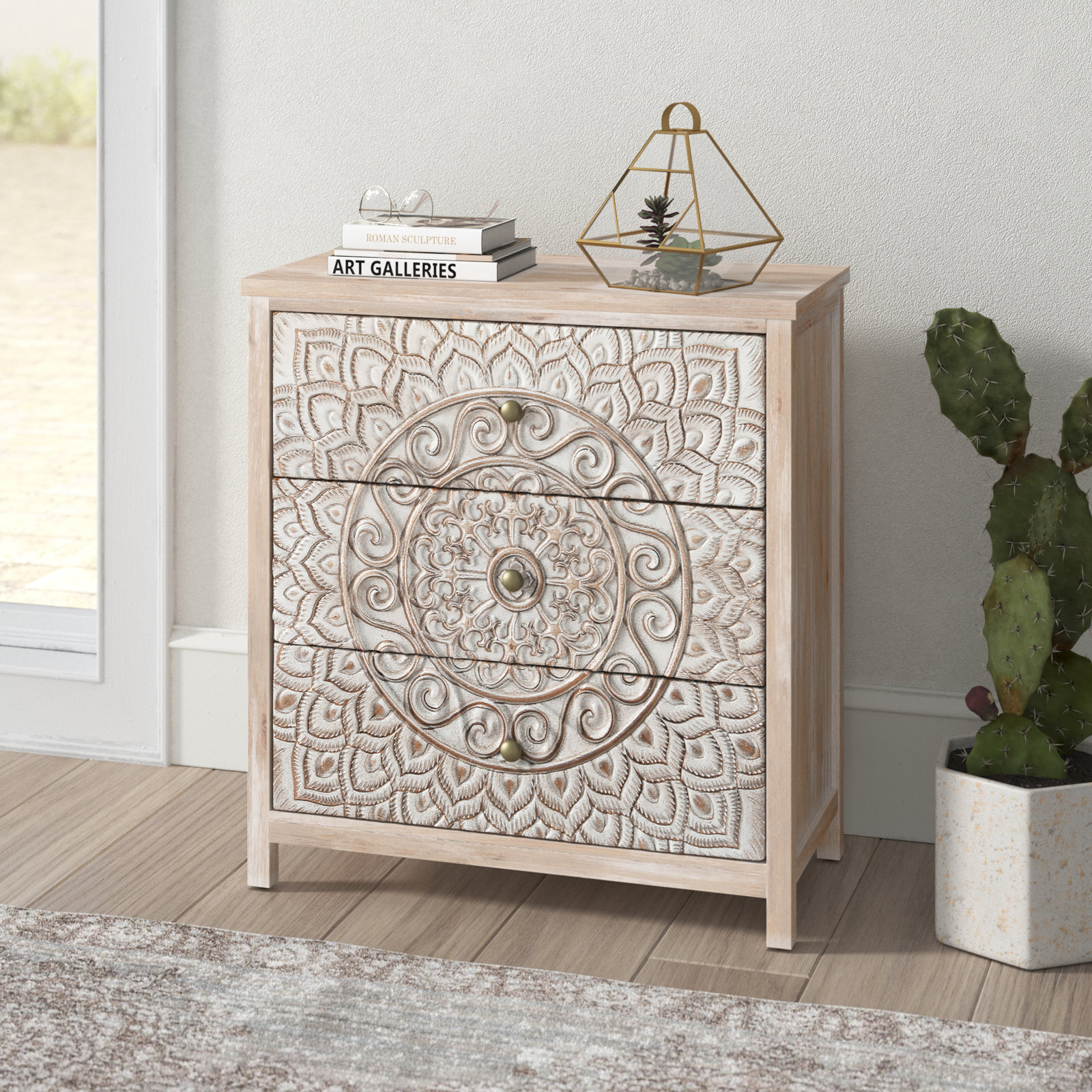 Neutral Medallion Print 3 Drawer Chic Cabinet