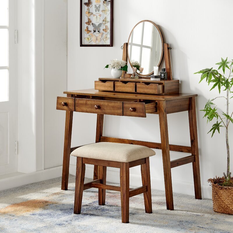 Oak Vanity Set with Stool and Mirror