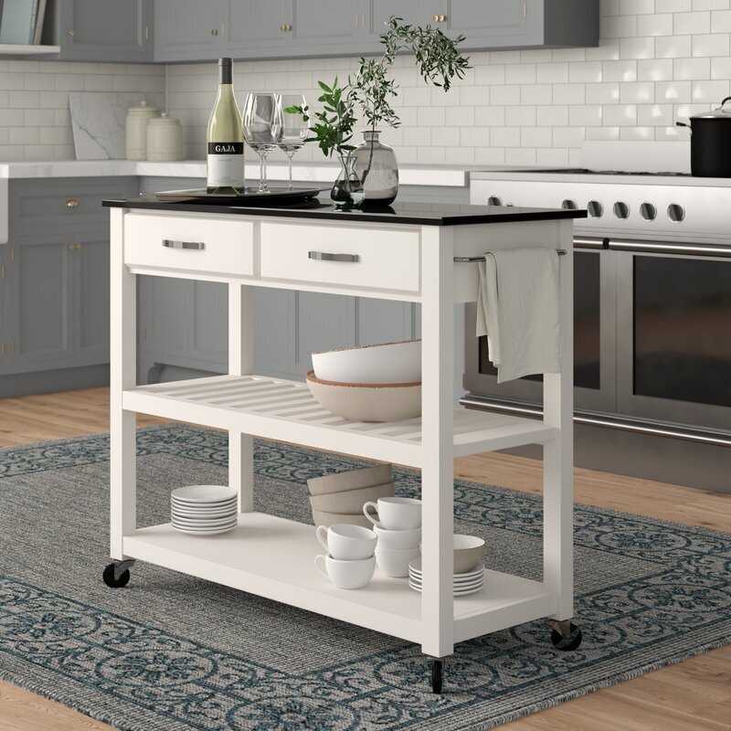 Open Storage White Kitchen Island With Granite Top