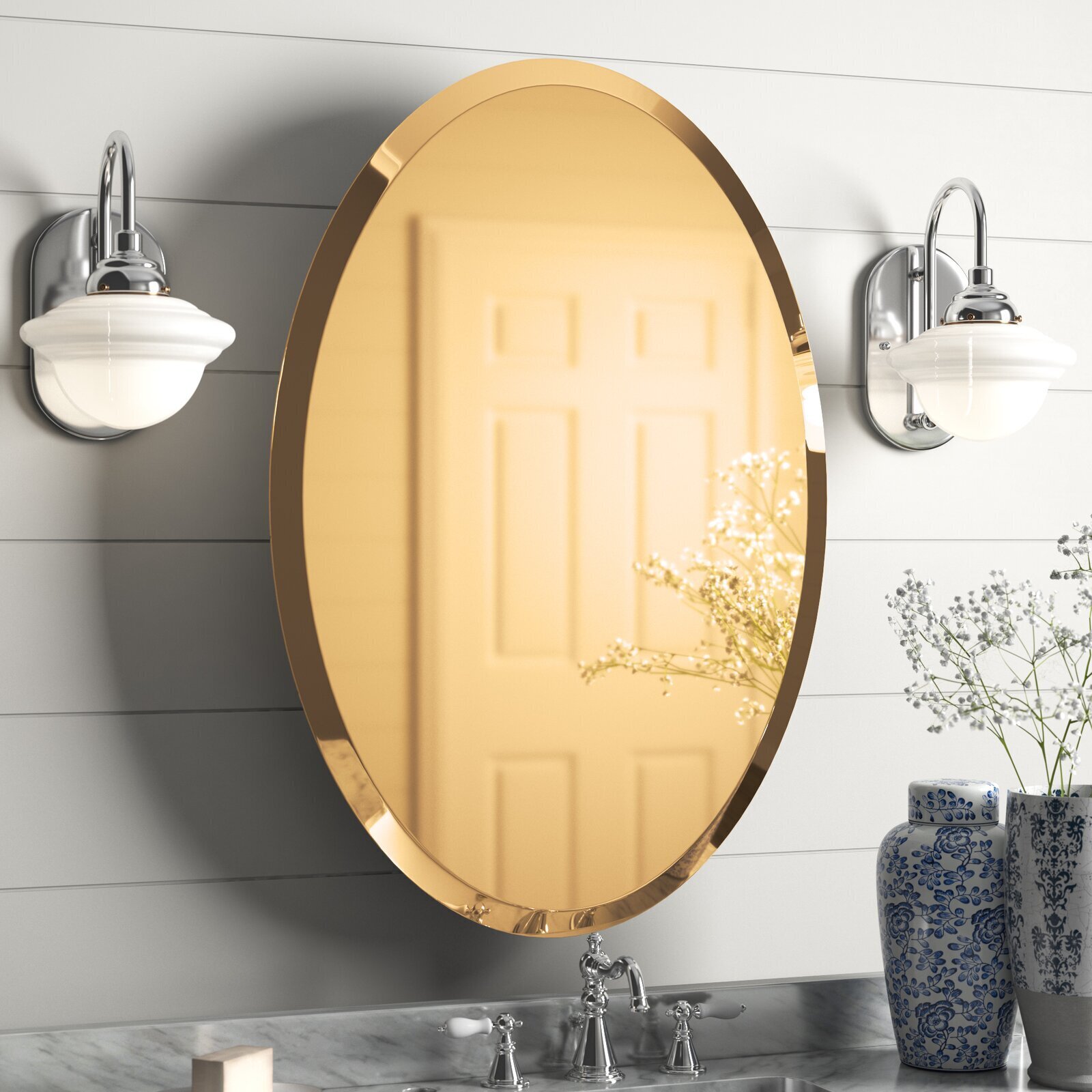 Oval mirror medicine cabinet with beveled edges