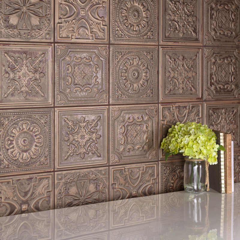 Patterned bronze tile backsplash