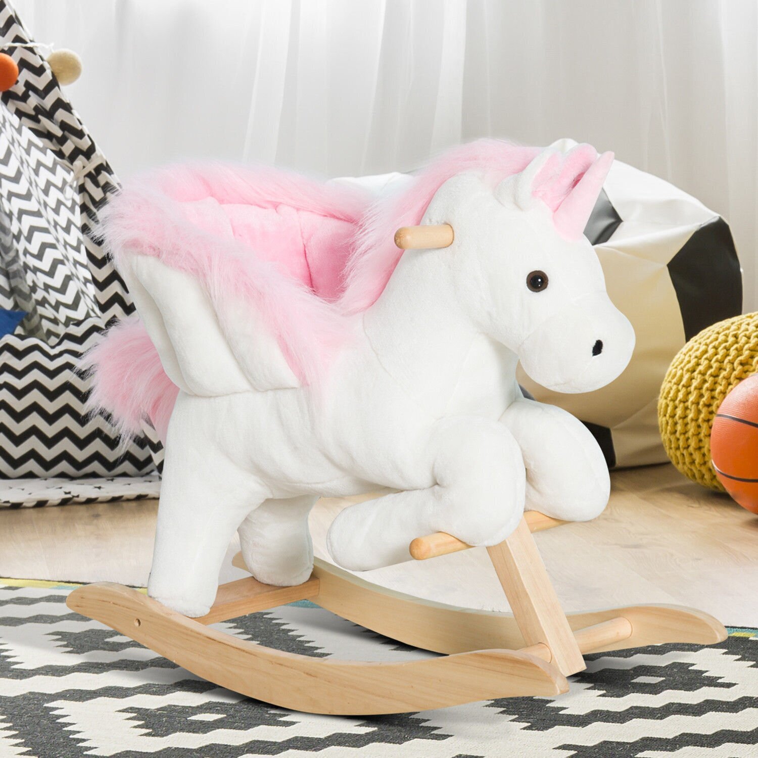 Plush rocking horse design with wooden base