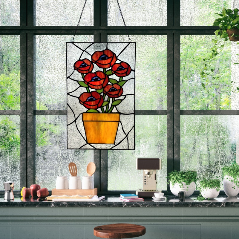 Potted Flowers Stained Glass Window Panel