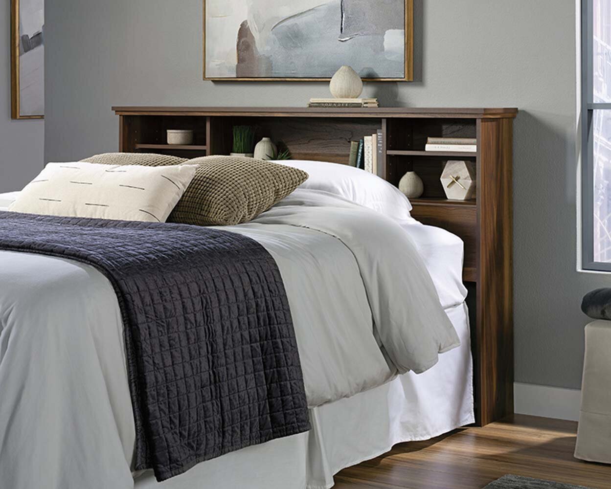 Queen Walnut Headboard With Shelves