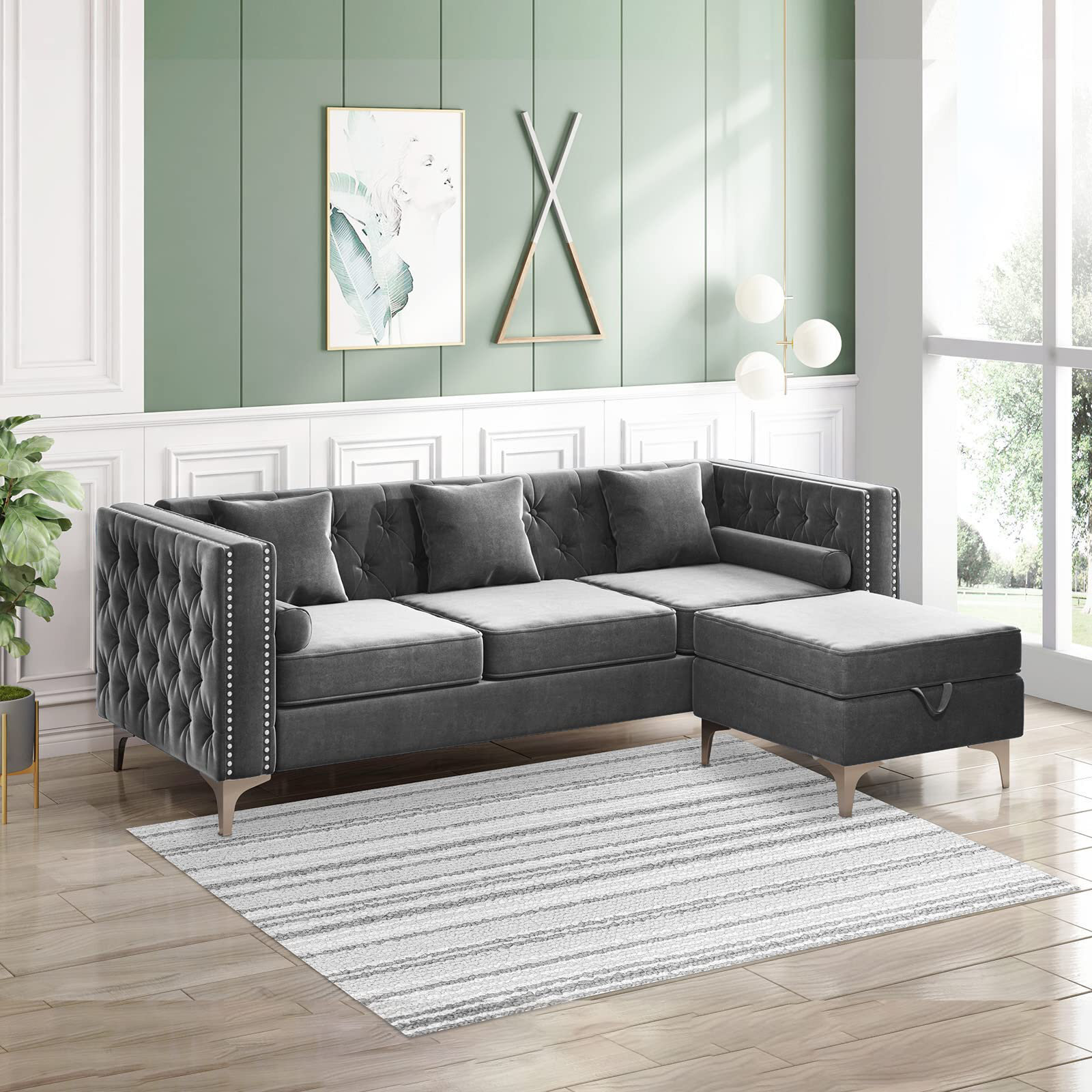 Quilted And Studded Reversible Sectional Sofa