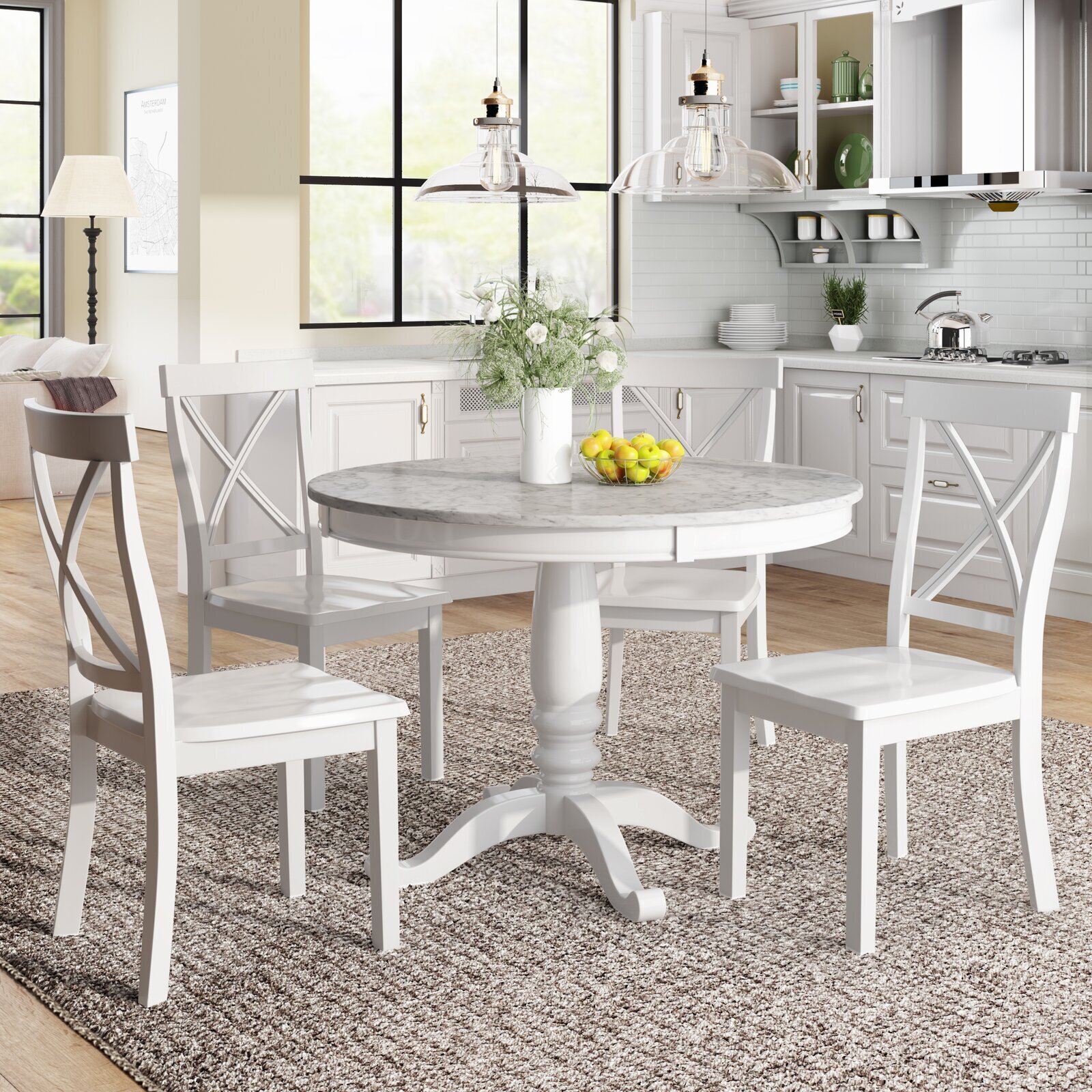 Round marble kitchen table set in farmhouse style