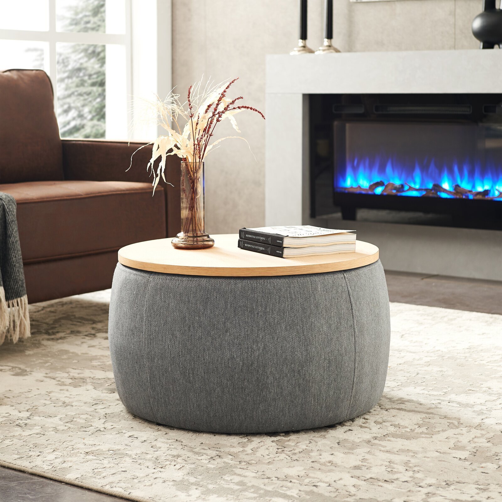 Round Ottoman Coffee Table With Storage and Hard Top