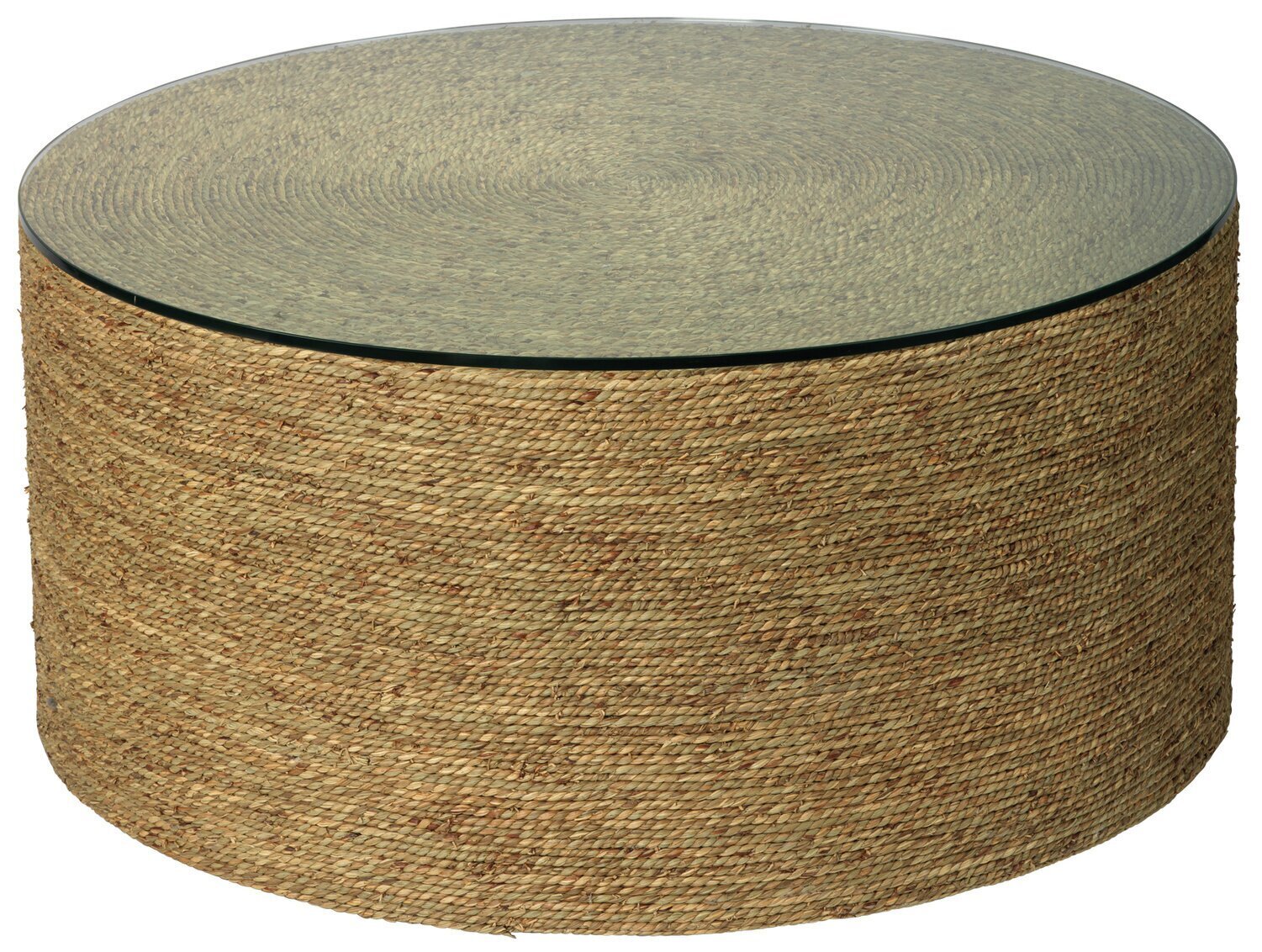 Round seagrass coffee table with glass top