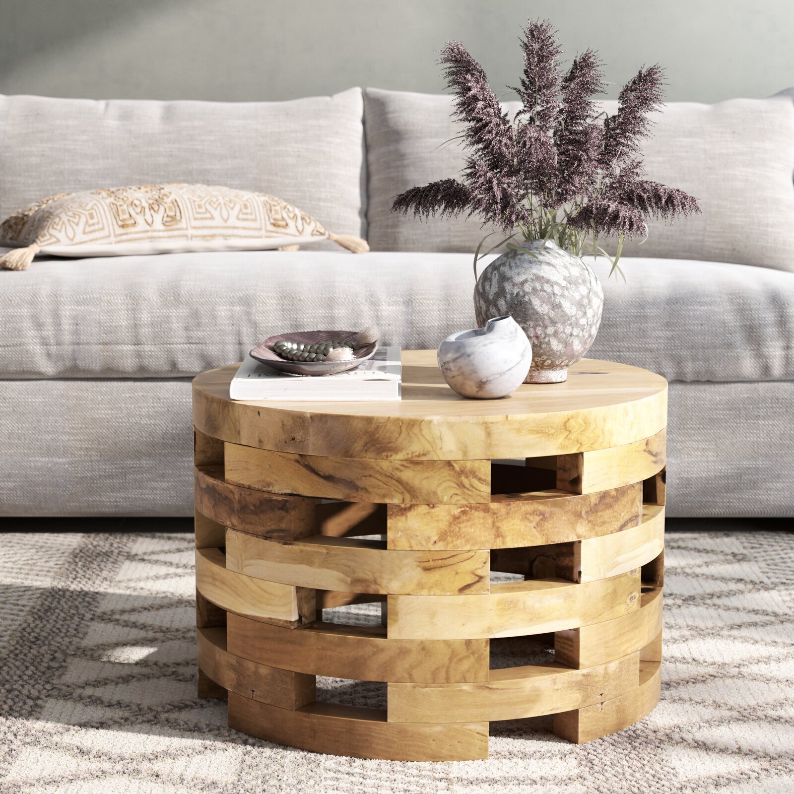 Round Teak Coffee Table With Block Design