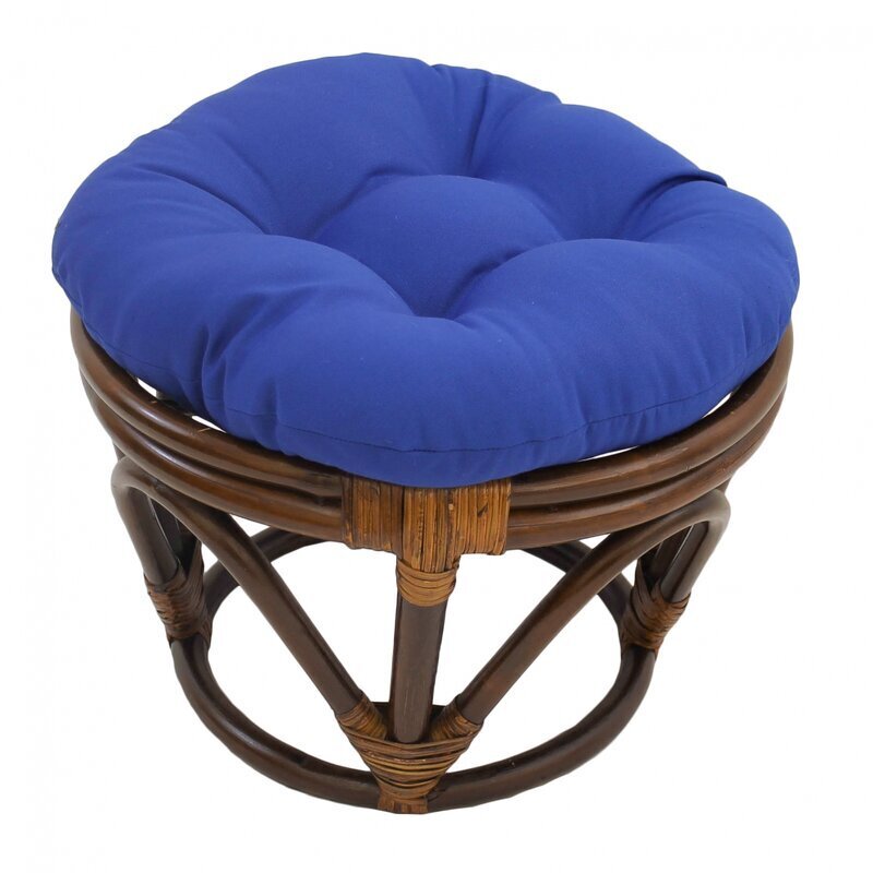 Round Wicker Ottoman With Navy Cushion