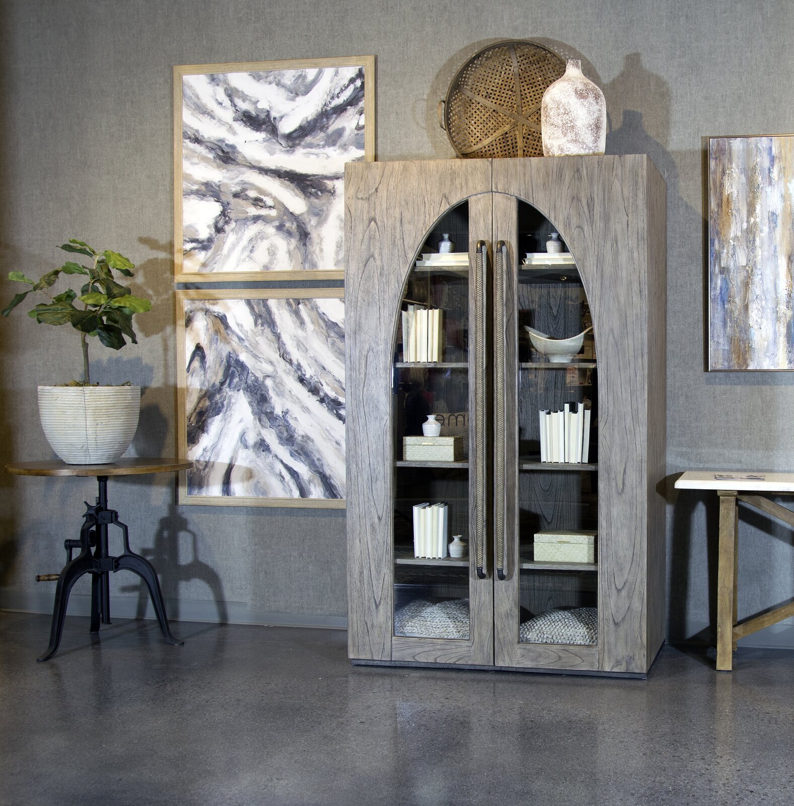 Rustic Display Cabinet with Oval Glass Doors