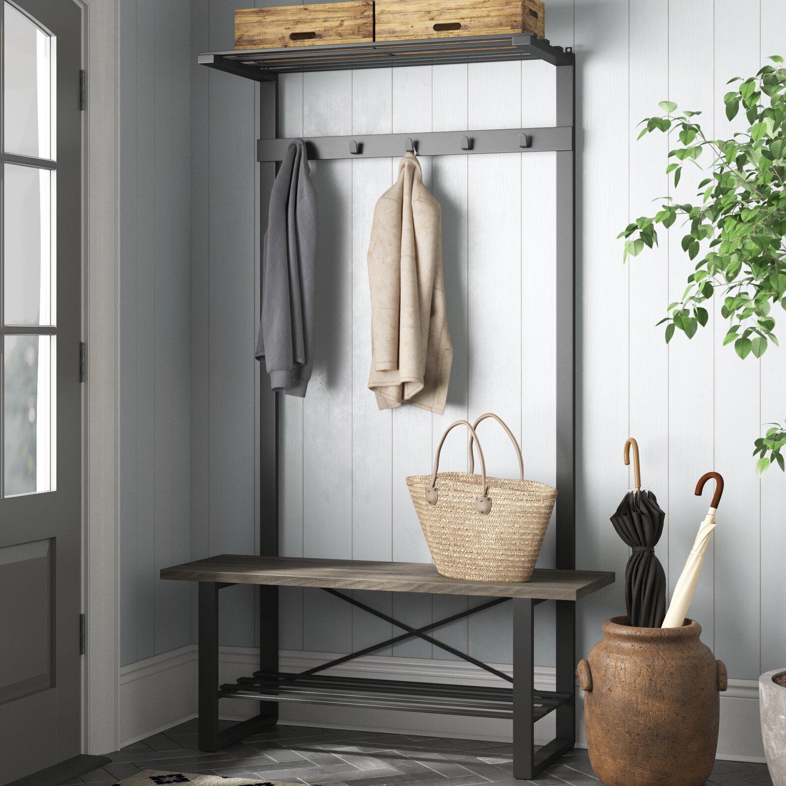 Rustic Minimalistic Bench, Shoe, Coat Rack