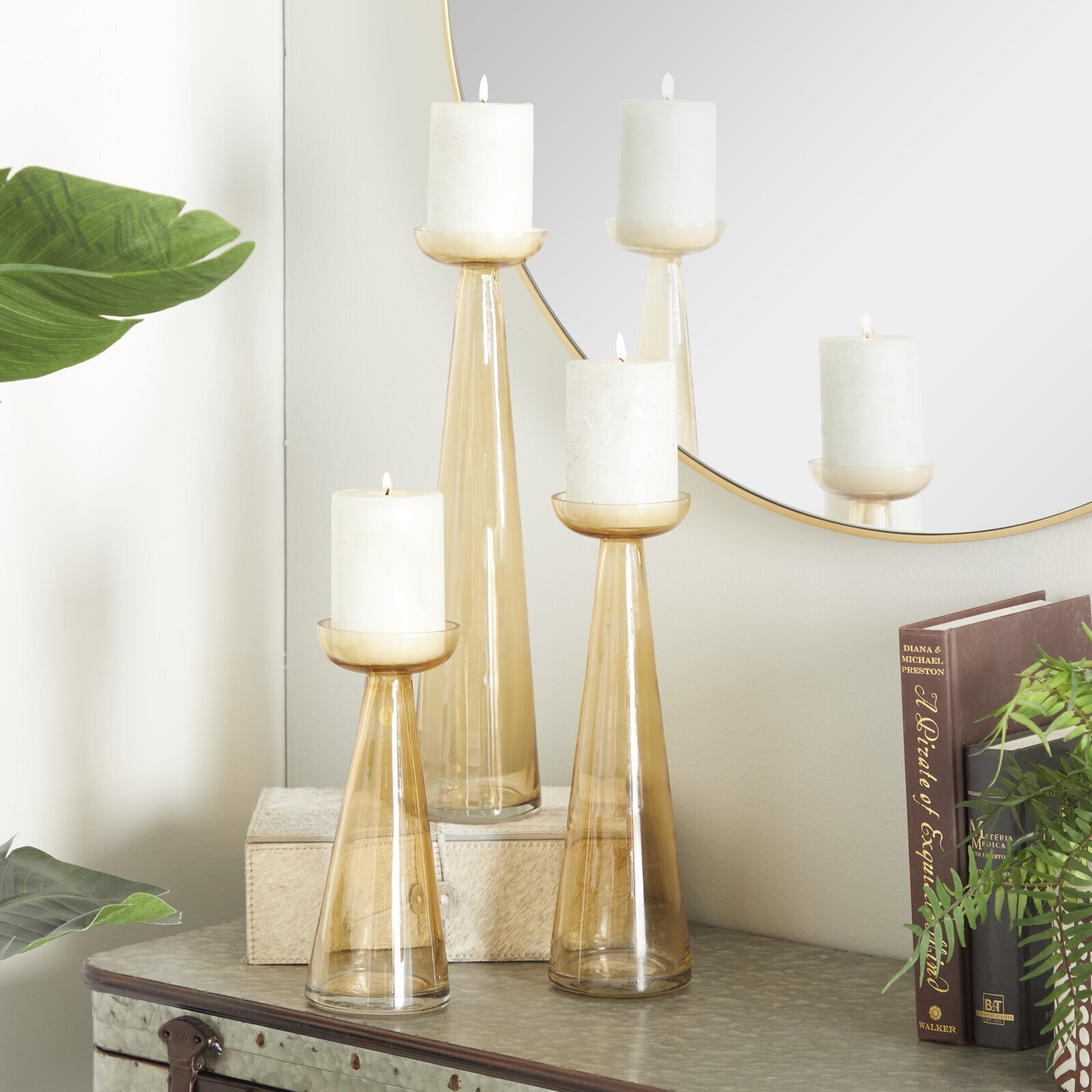 Set of 3 Glass Pillar Candle Holders in Four Colors