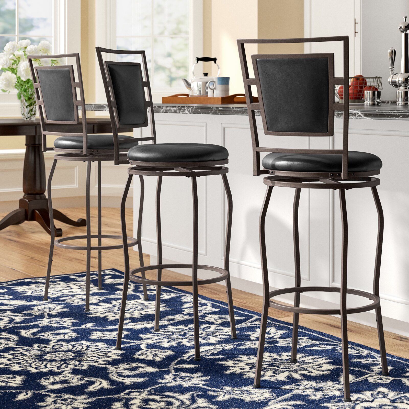 Set of Three Iron and Leather Bar Stools