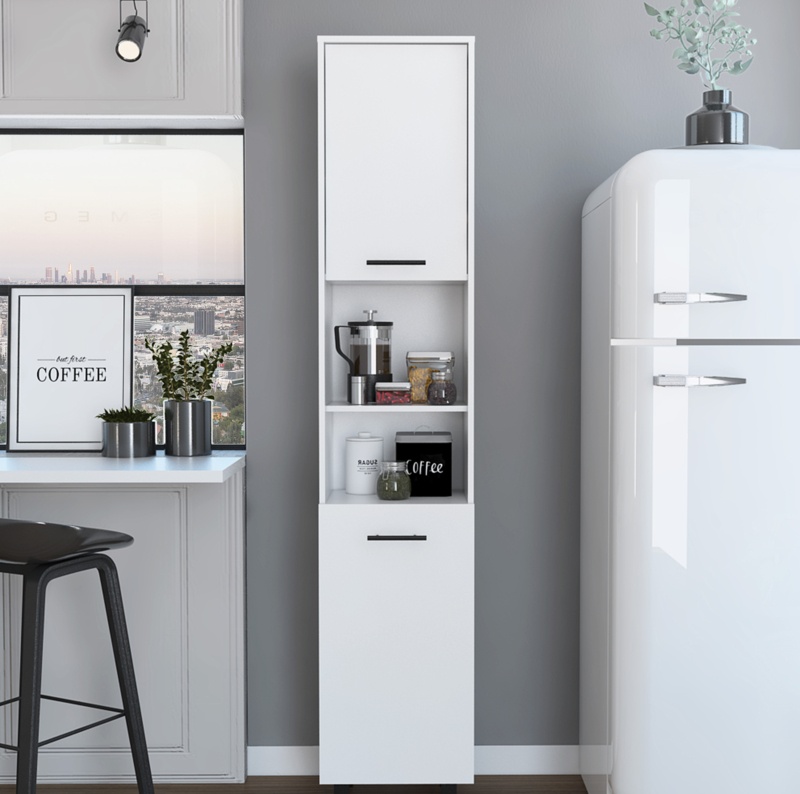 Sheffield 2-Door Pantry Cabinet, with Two 2-Cabinet Spaces and Two Open Shelves