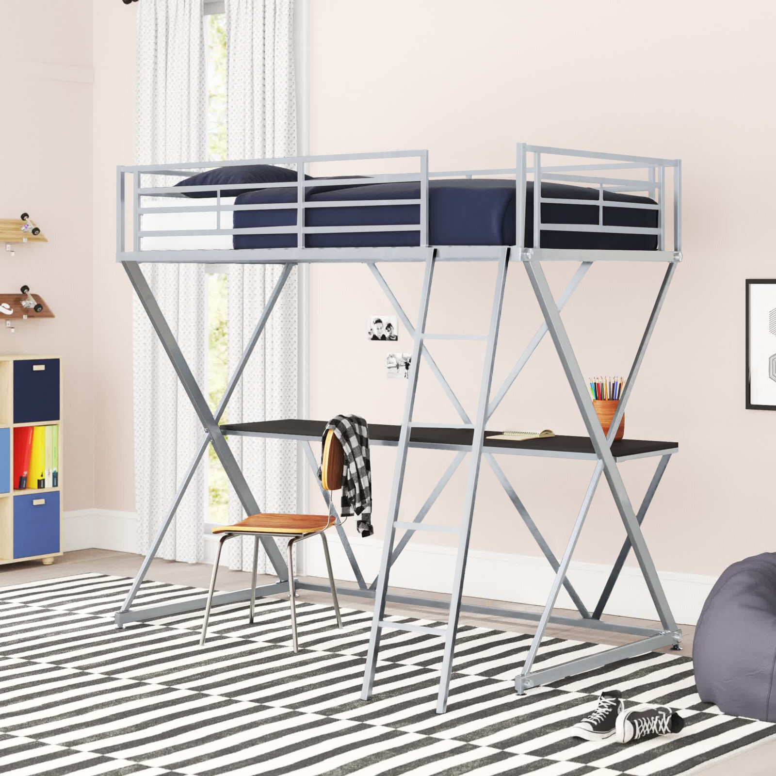 Slatted Metal Loft Bed With Desk 