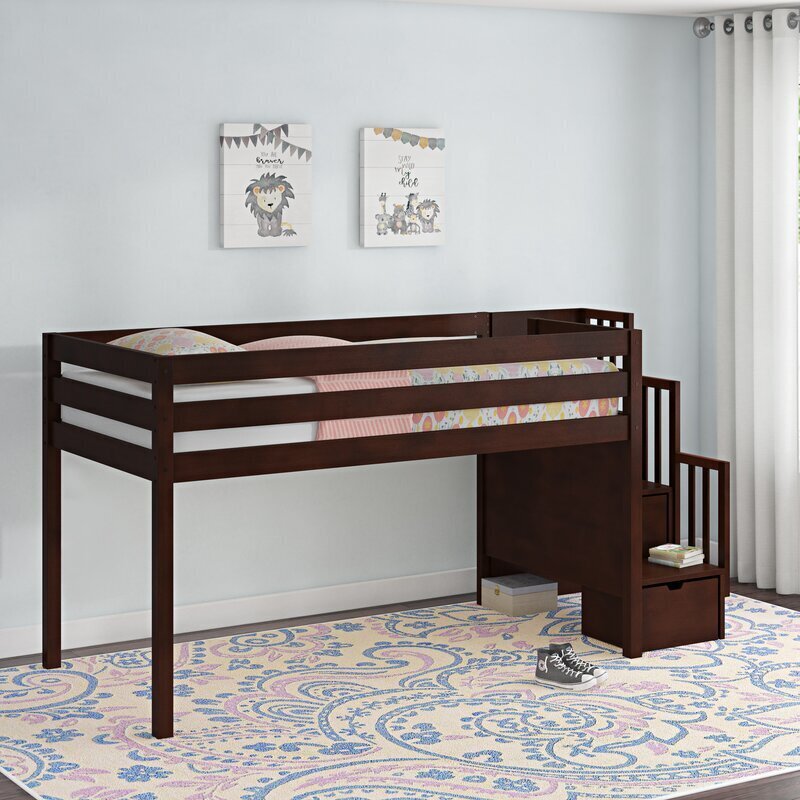 Solid wood loft bed with storage stairs