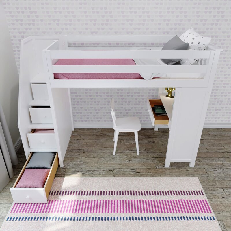 Solid wood twin loft bed with stairs 