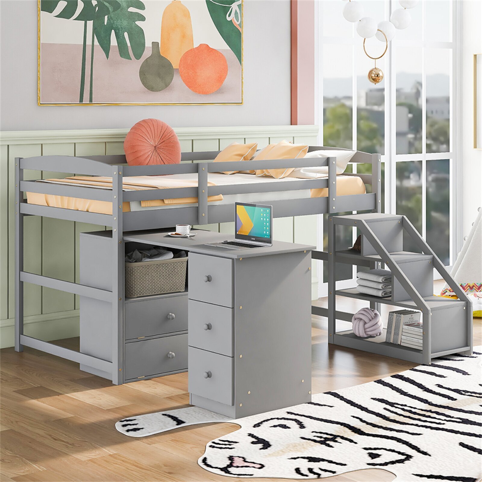 Space Saving Pull Out Loft Bed With Desk And Stairs