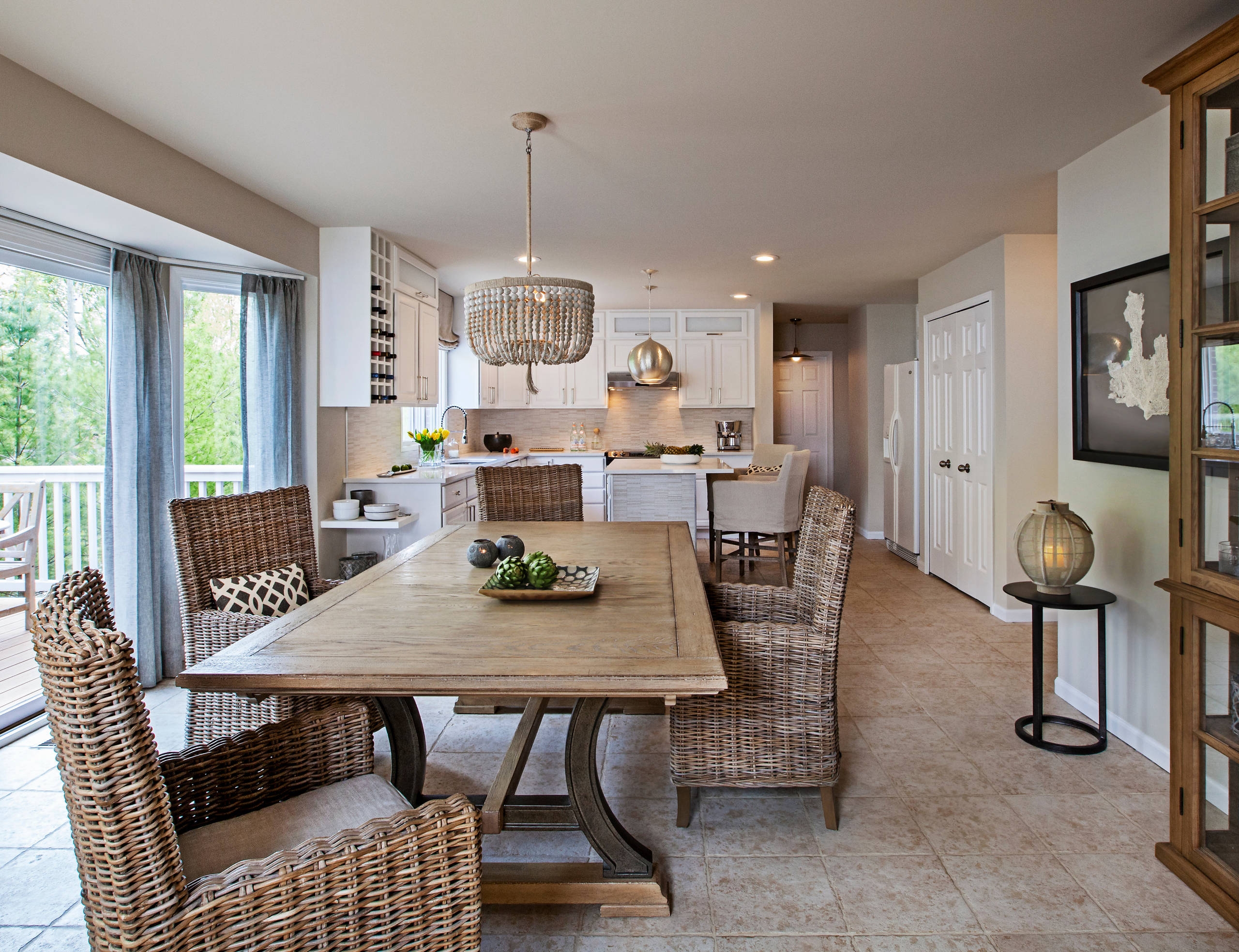 Spacious kitchen with french doors and curtains