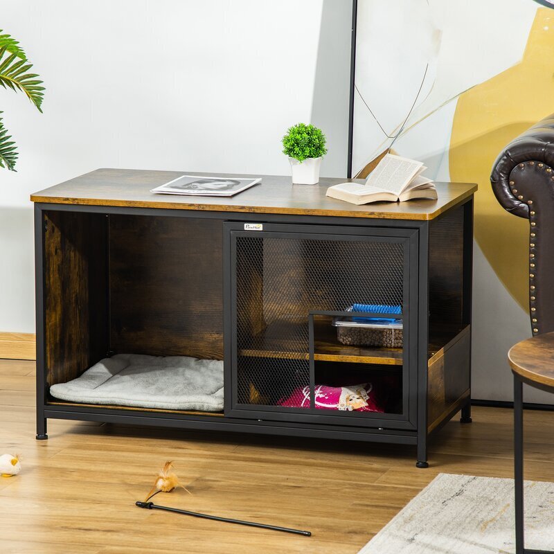 Steel and Wooden Pet Crate Nightstand With Cushion