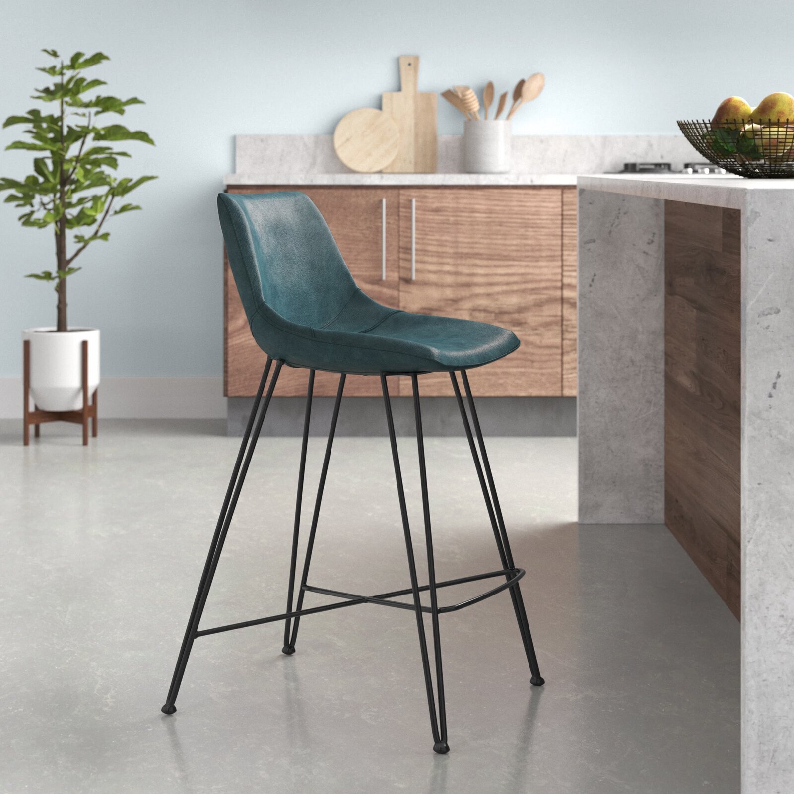Teal counter stool with mid century modern design