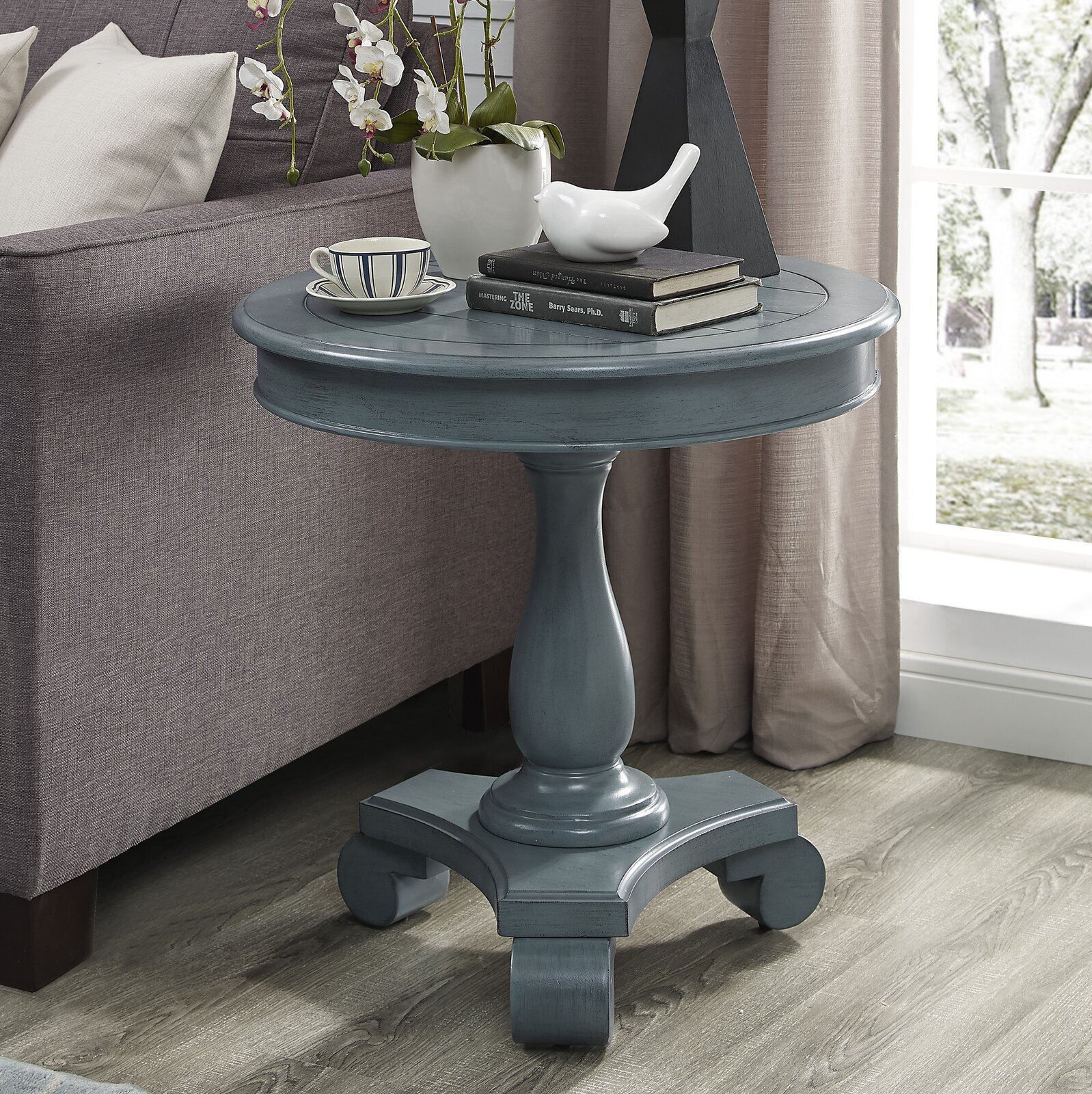 Teal Wood Pedestal End Table