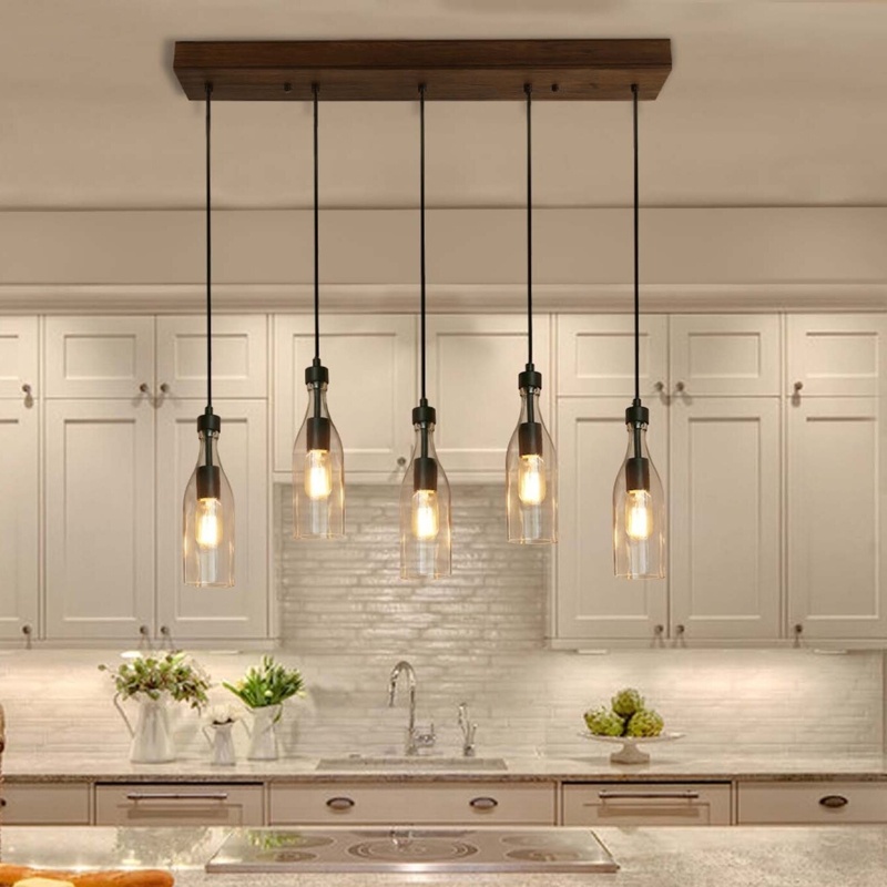 Temescal 5 - Light Kitchen Island Linear Pendant with Wood Accents