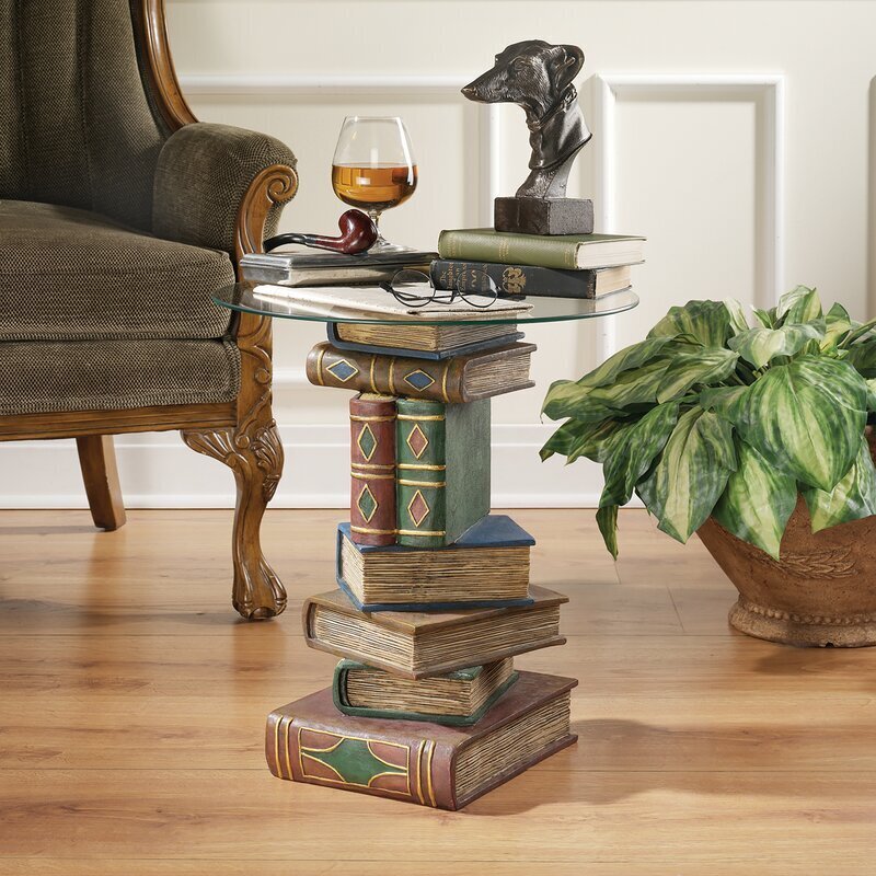 Tempered glass and resin stacked books end table