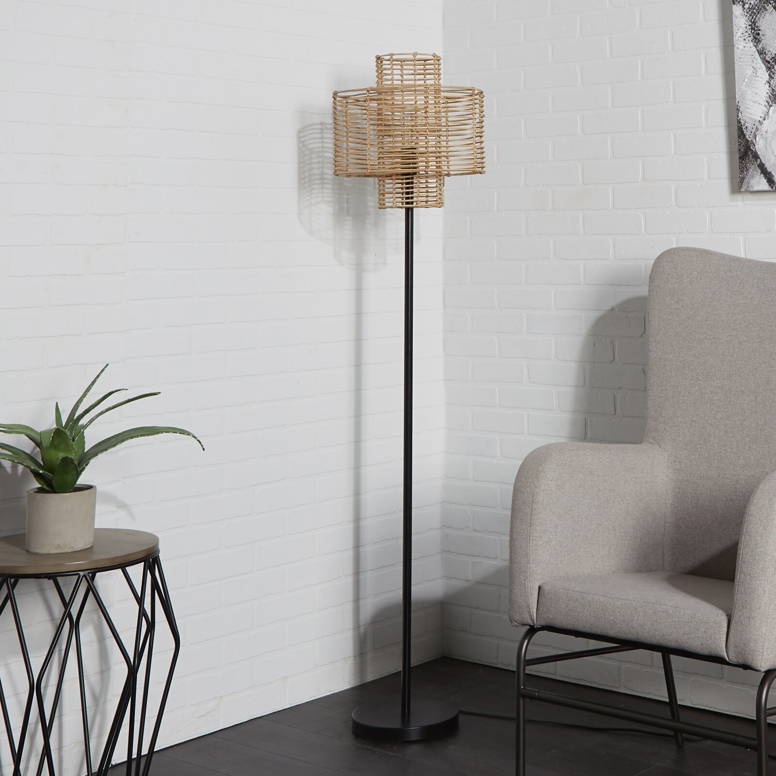 Thin Rattan Floor Lamp With Black Base