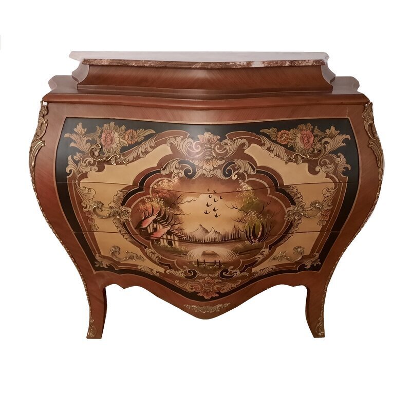 Three Drawer Wooden Bombay Chest With Marble Top