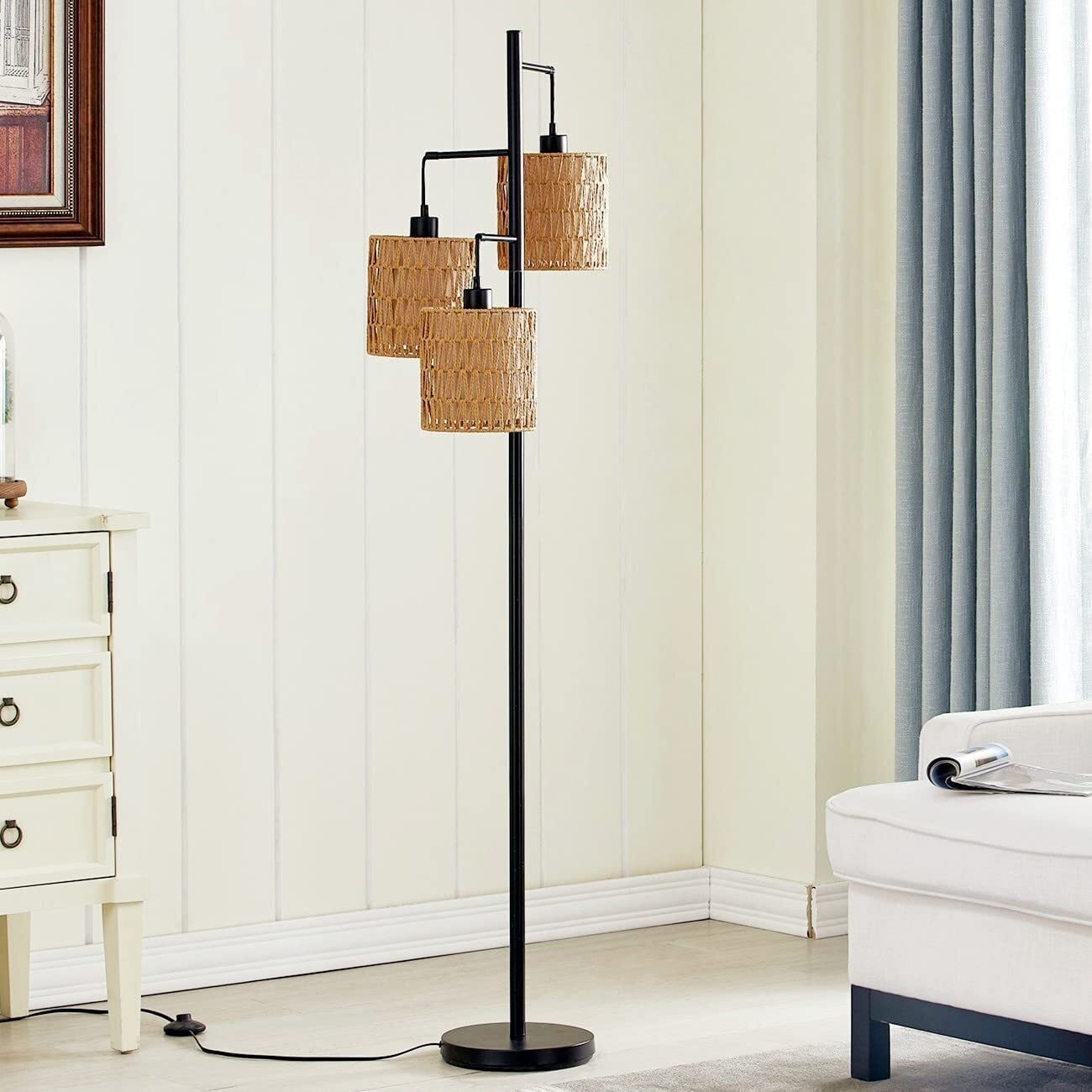 Three  Pendant Wicker Floor Lamp