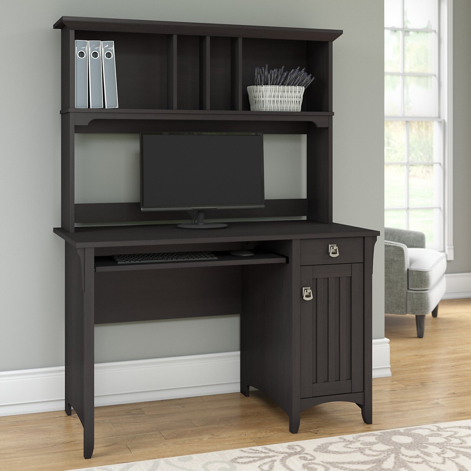 Traditional black secretary desk with shelves