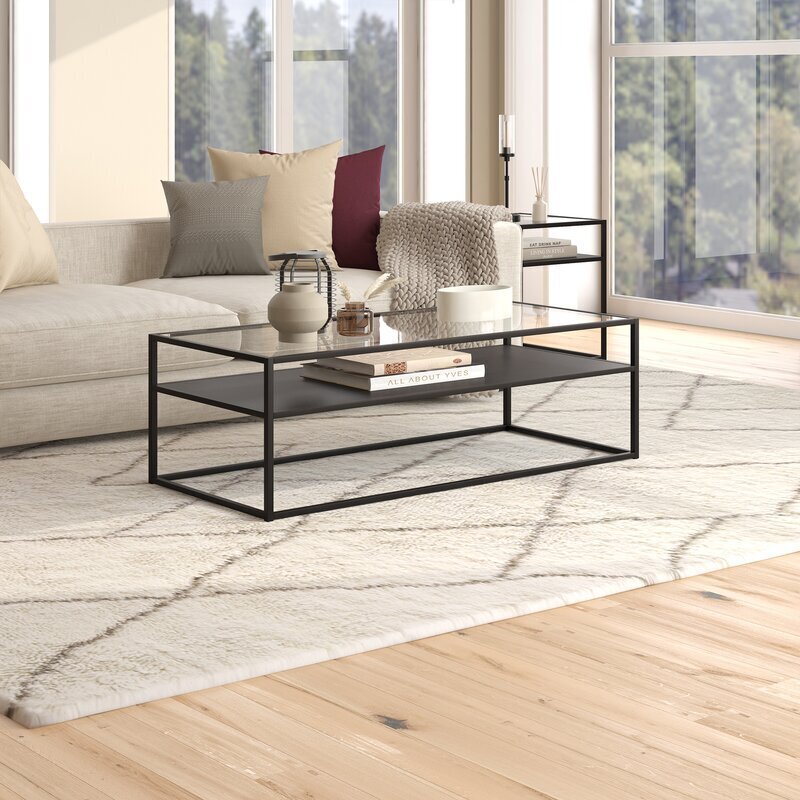 Traditional Industrial Box Glass Coffee Table with Lower Shelf