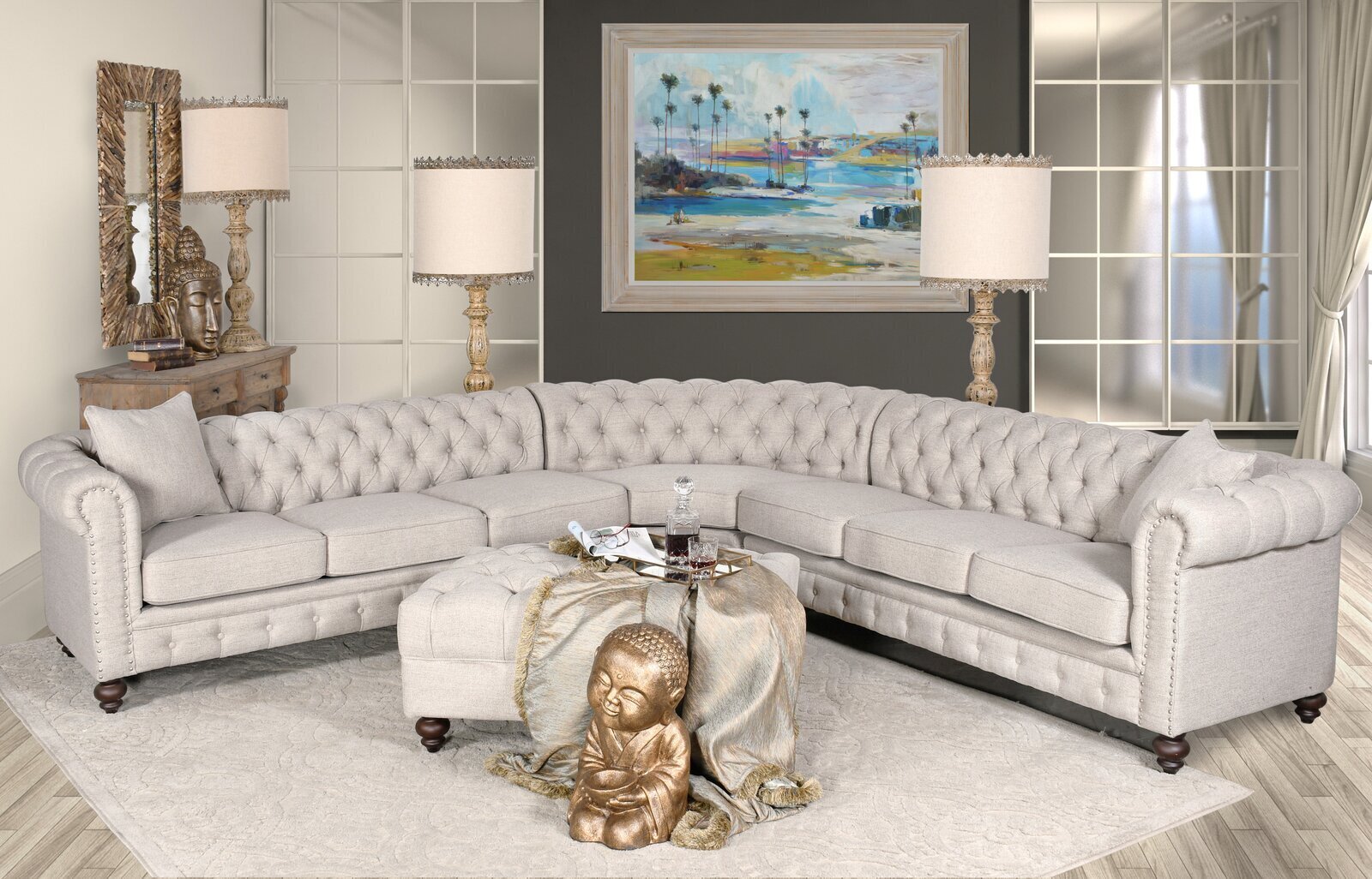 Traditional Tufted Curved Leather Sofa