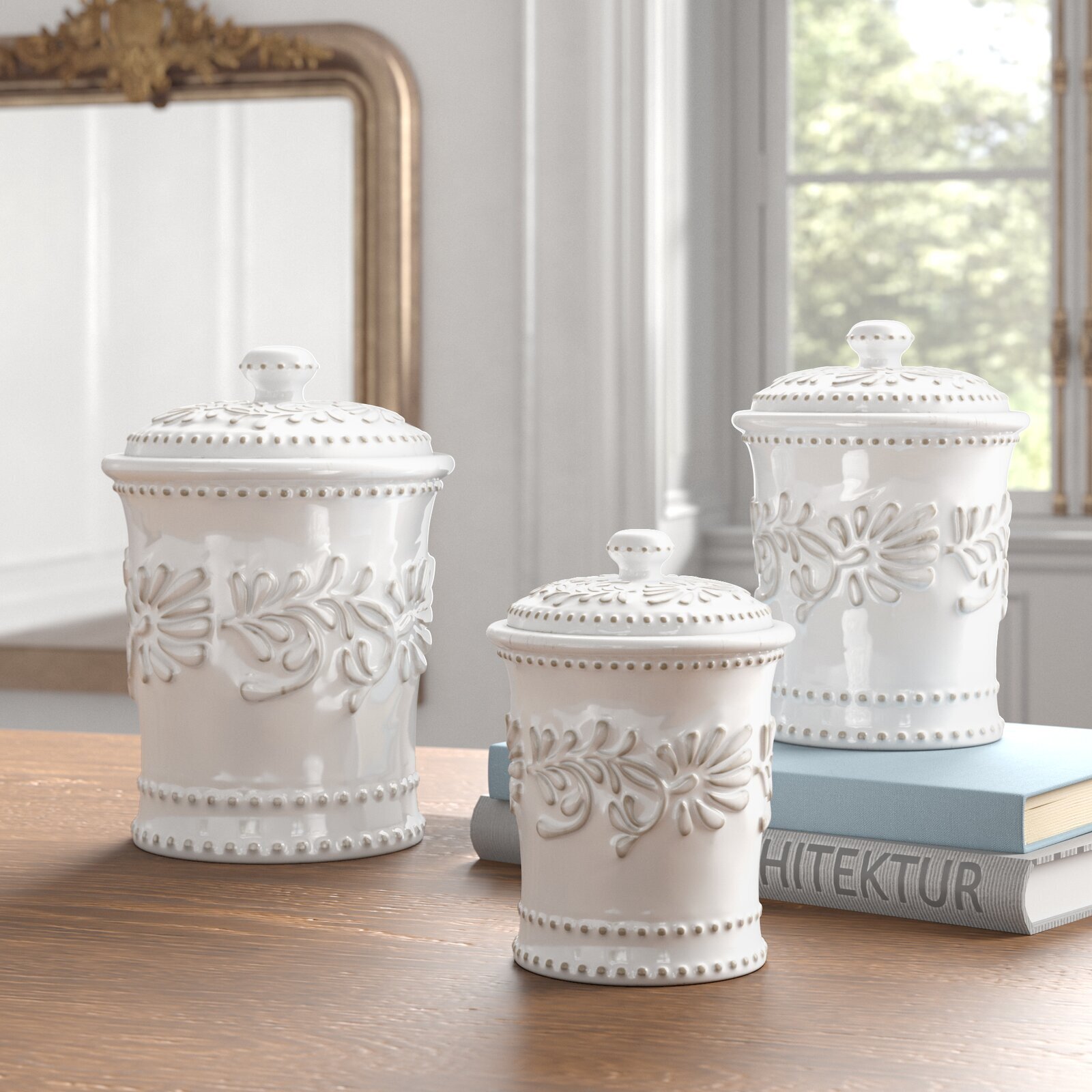Traditional White Patterned Pottery x3 Set 