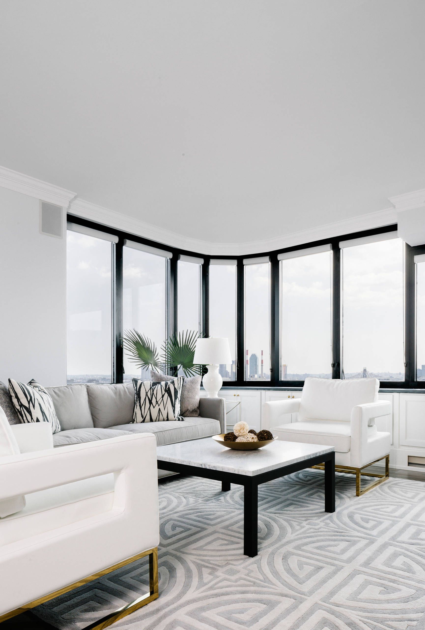 Transitional living room with gray flooring