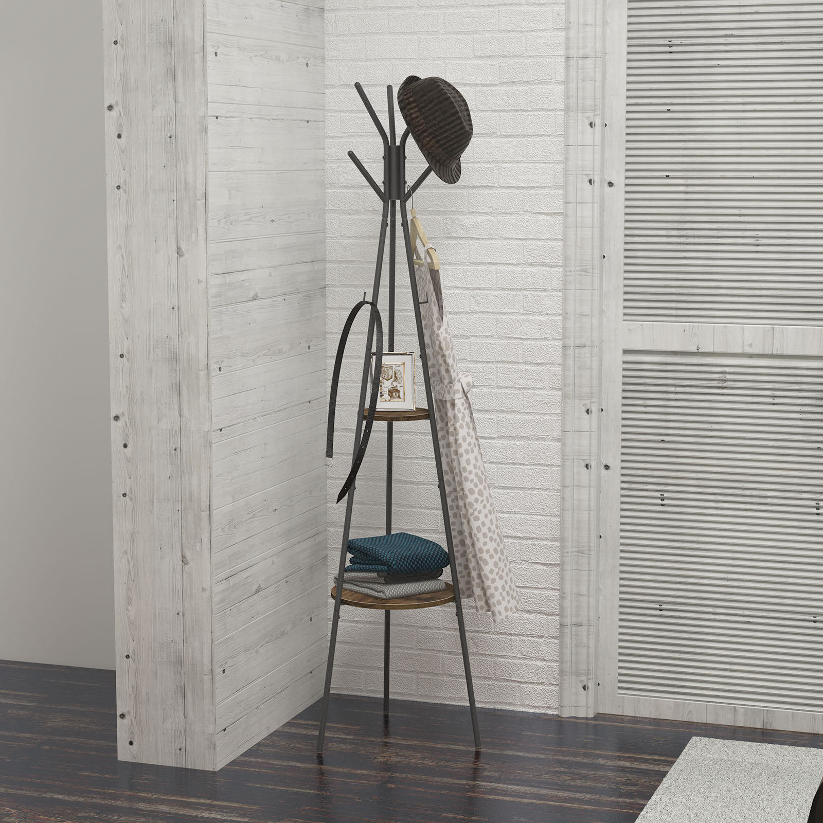 Triangular Iron Coat Rack With Shelving 