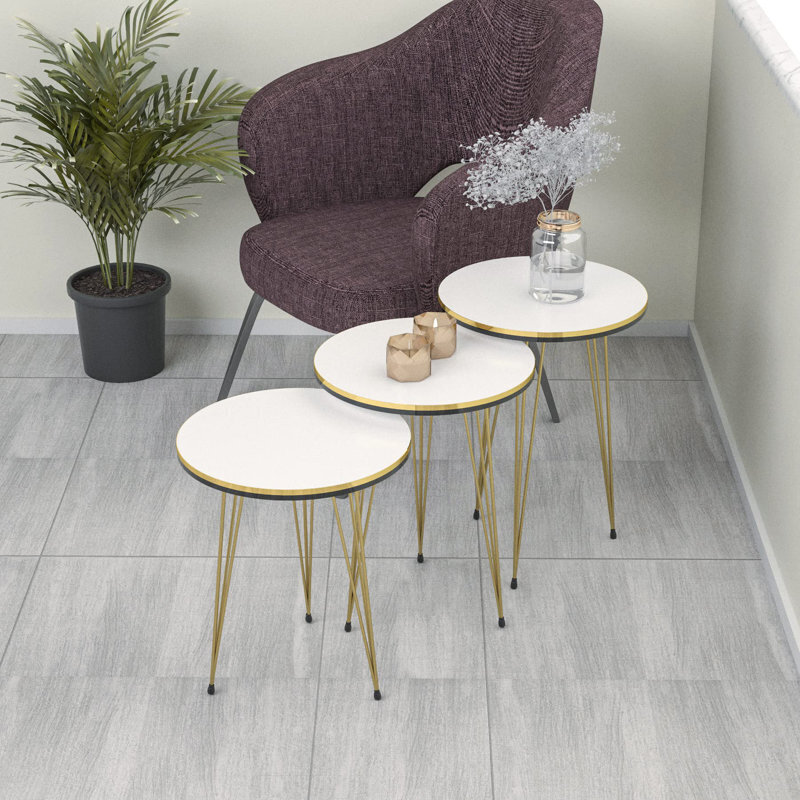 Triple Round Gold and White Nesting Tables