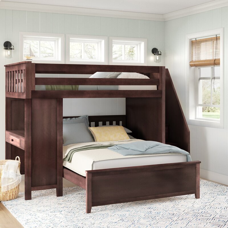 Twin Over Double Bunk Beds With Desk and Drawers