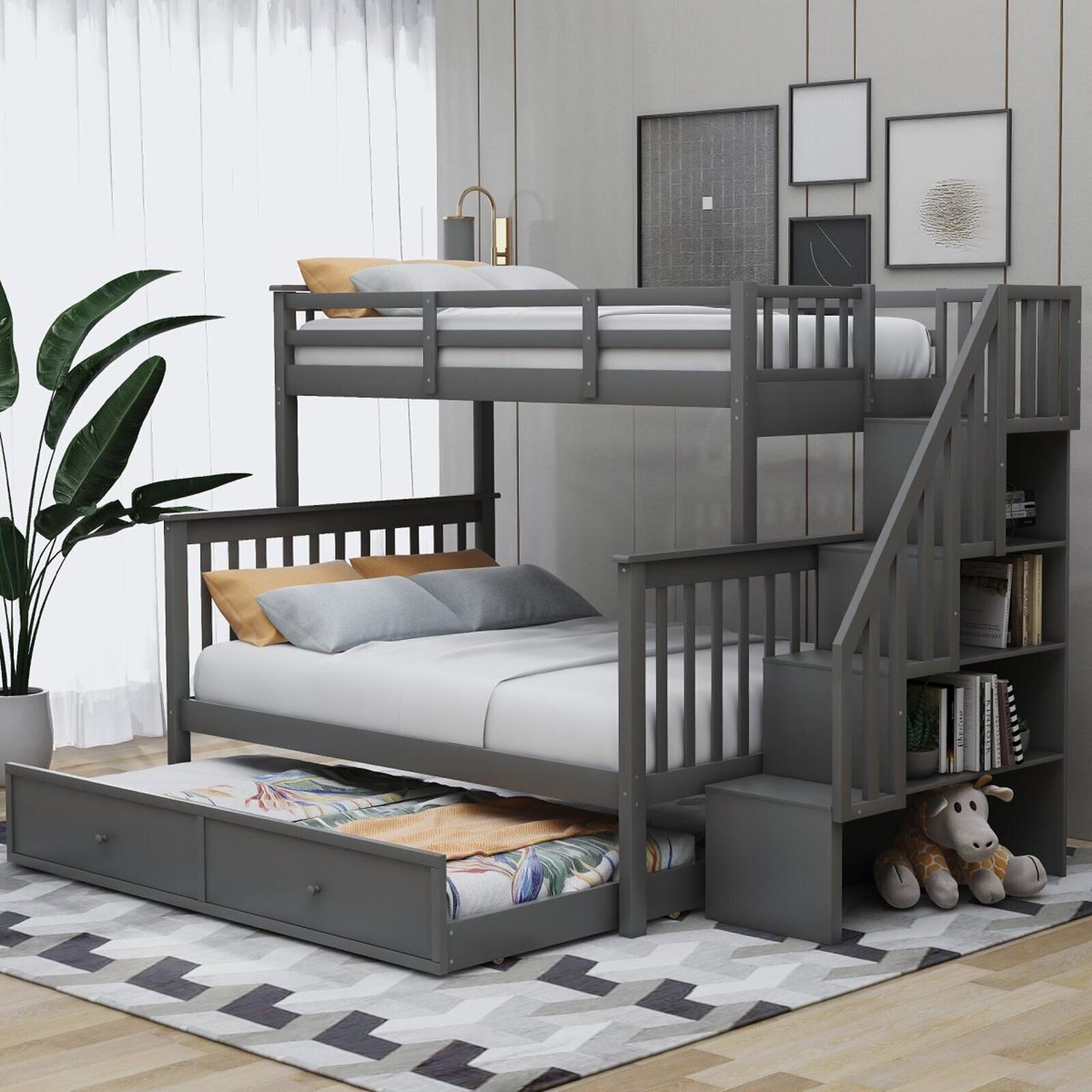 Twin Over Full Bunk Bed With Trundle And Stairs
