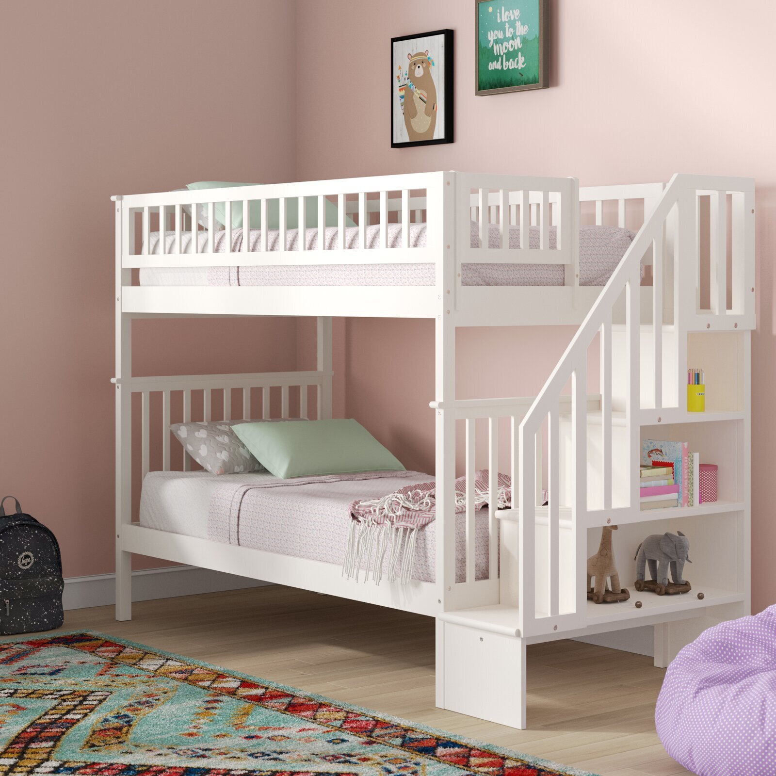 Twin Over Twin Bunk Bed with Bookcase and Steps