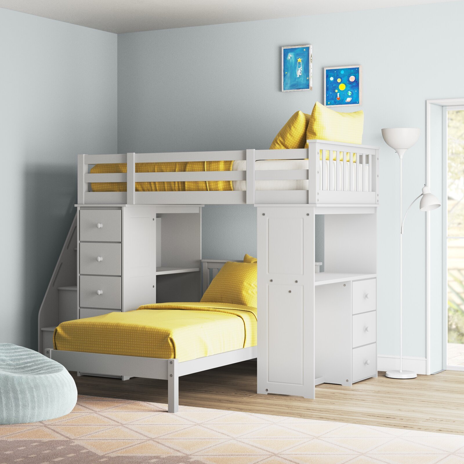 Two bed, Two Desk Loft Bed With Desk And Stairs