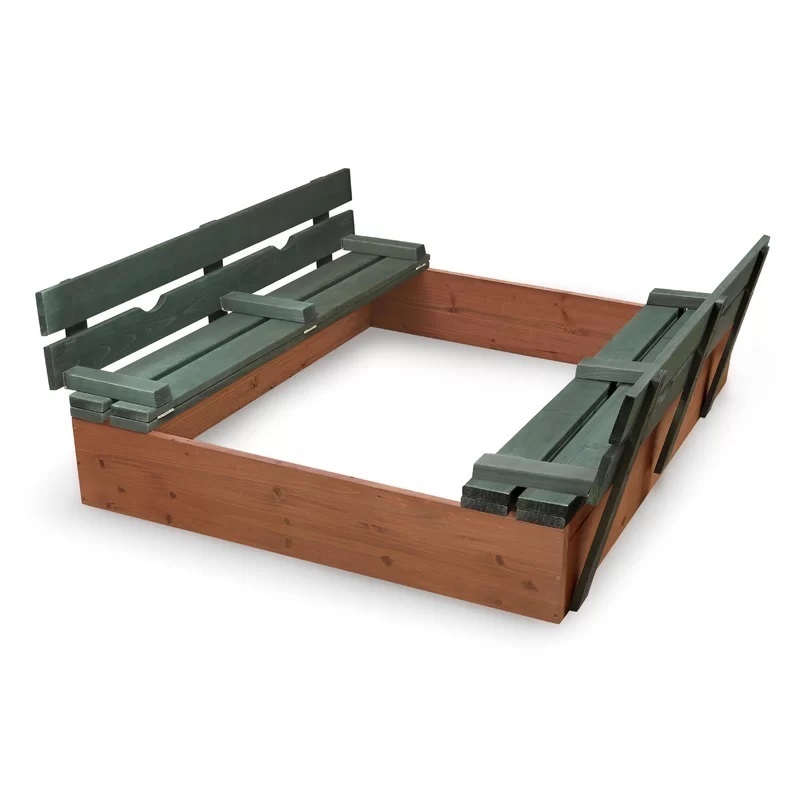 Two Seat Green and Natural Wood Sandbox With Cover