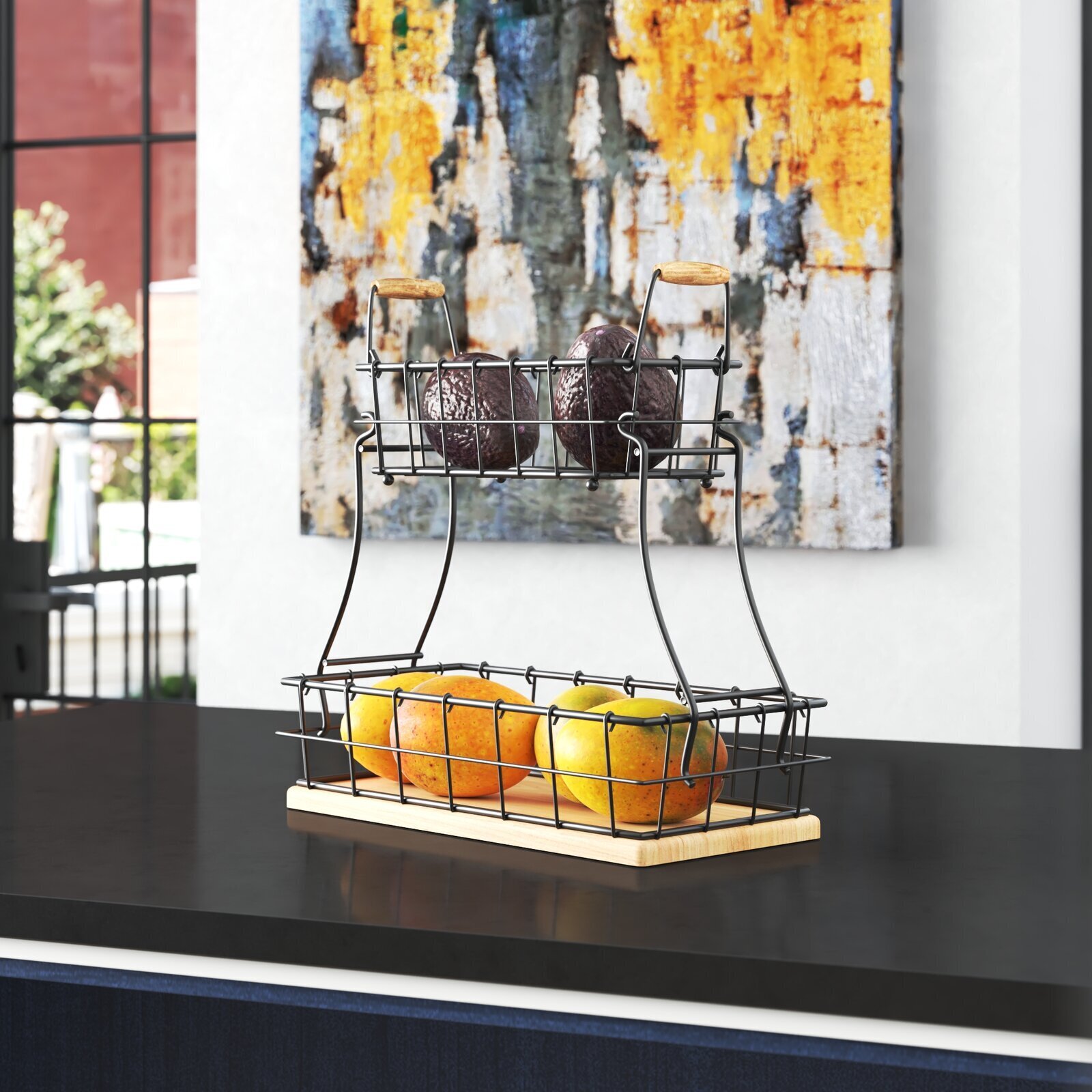 Two Tier Metal Fruit Bowl with Wood