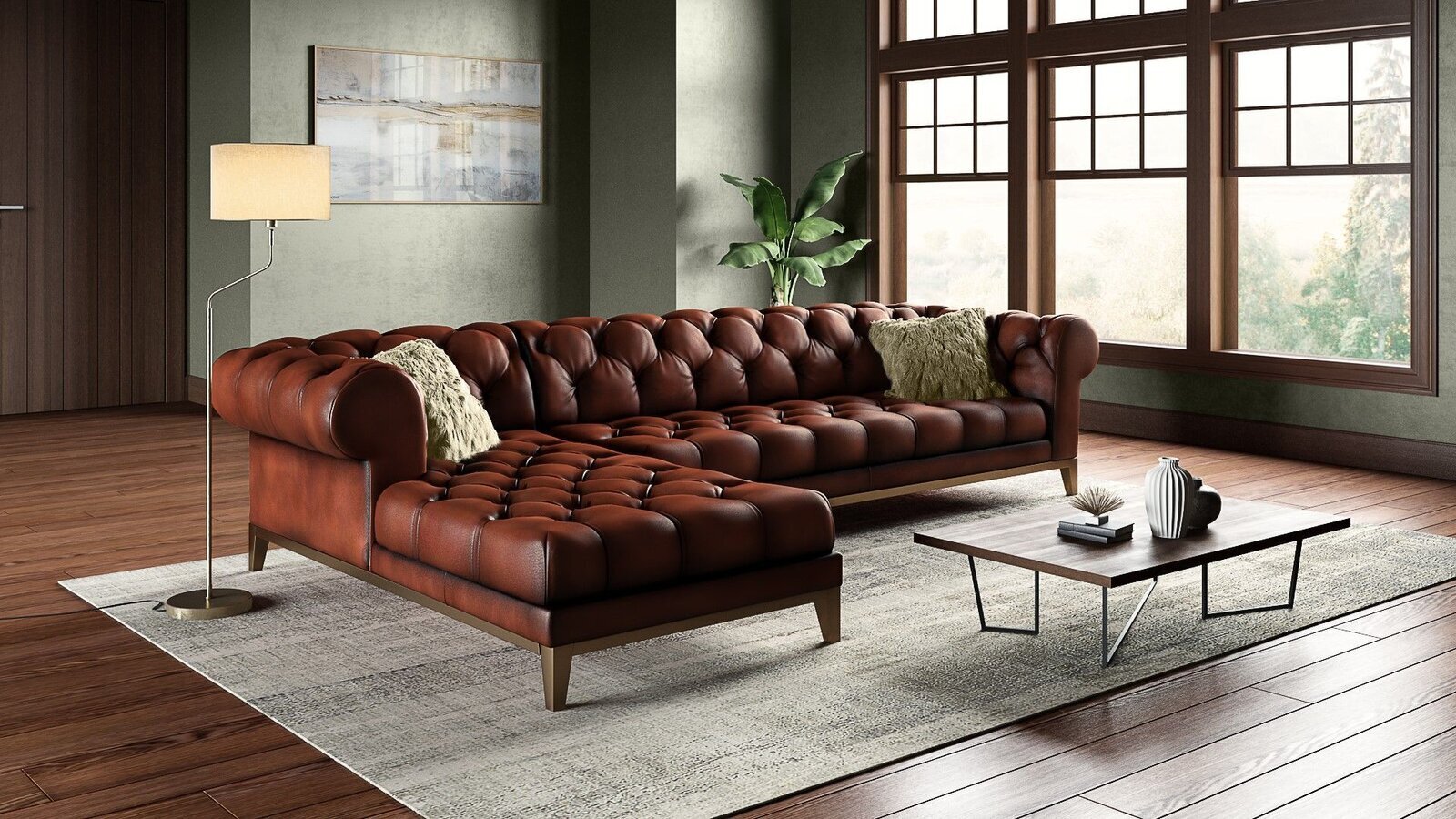 Victorian Leather Sofa With Chaise Lounge