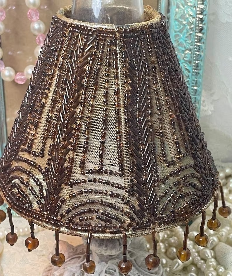 Vintage Dark Amber Beaded Lampshade