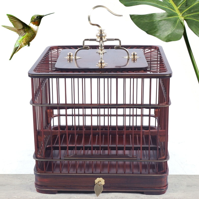 Vintage Handmade Crimson Wooden Birdcage with Stand